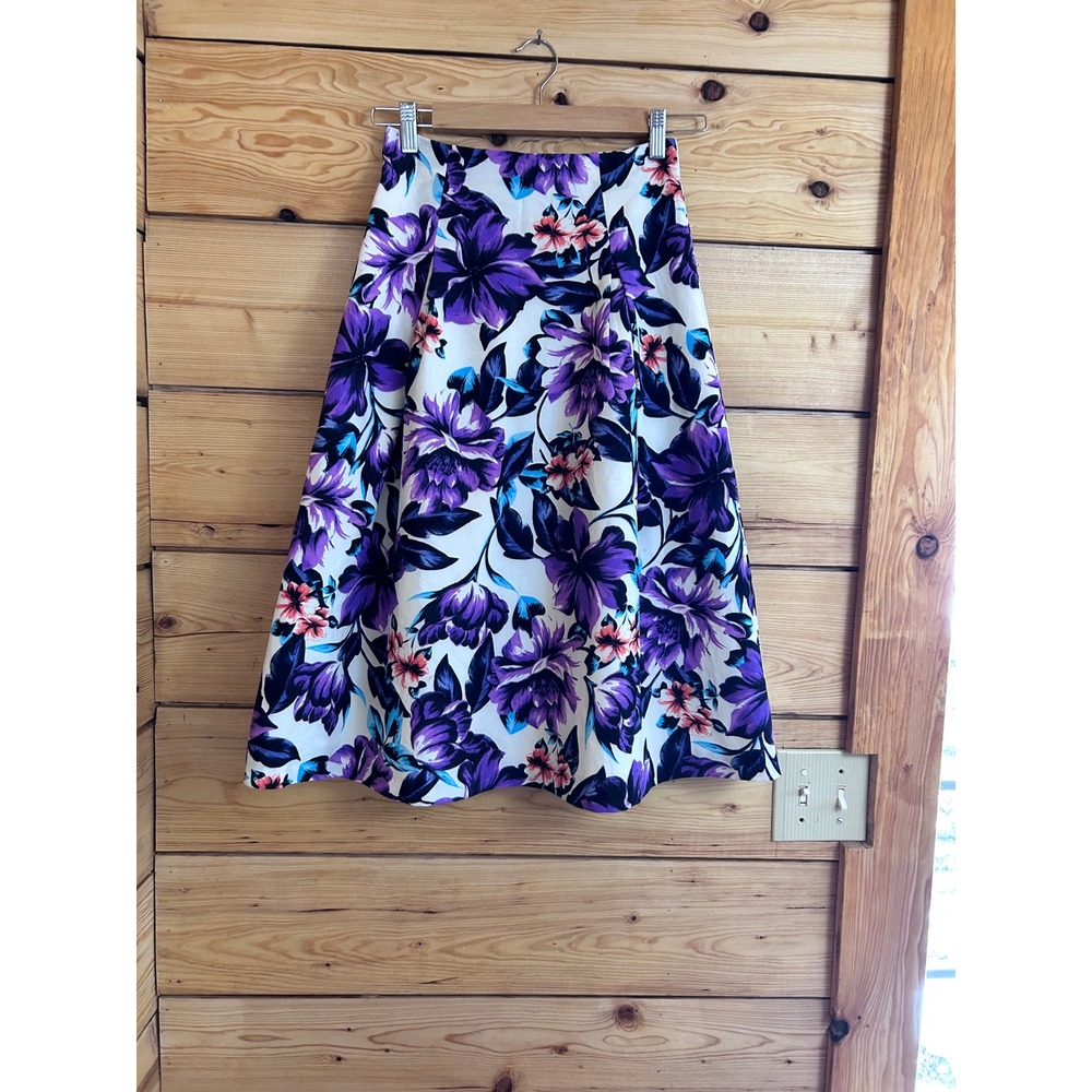 Vintage Miss Selfridge Purple Floral A-Line Mini Skirt White Blue US 0 Trad Wife